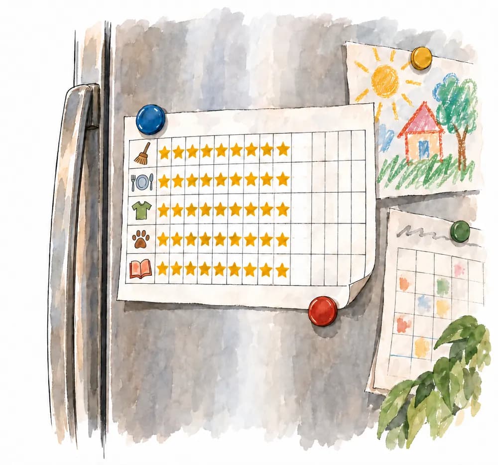 Illustration: a chore sticker chart on a fridge door. Stars fill the first nine days, and the rest of the chart is empty.