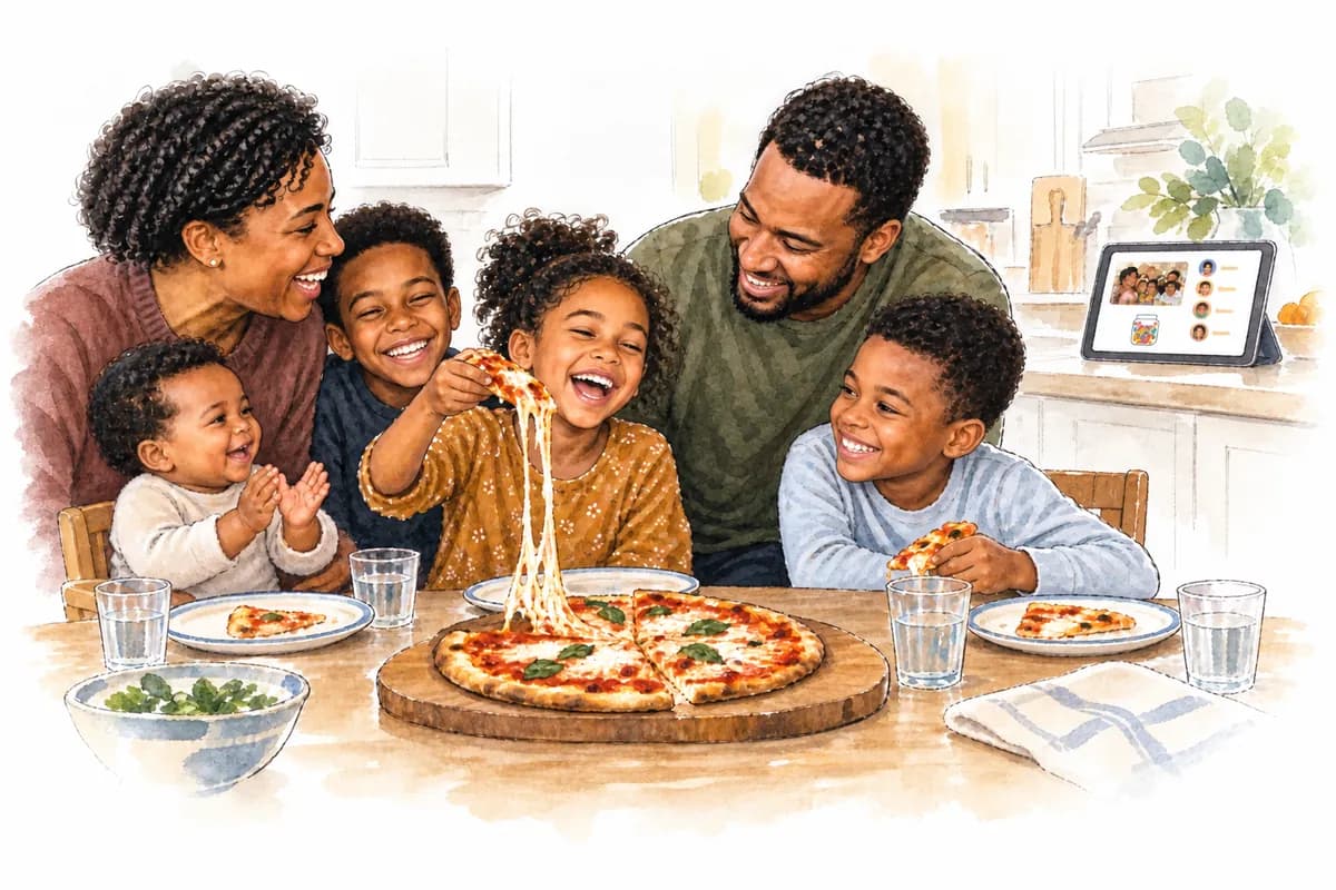 Illustration: a family laughs over homemade pizza while the tablet on the counter shows the family board.